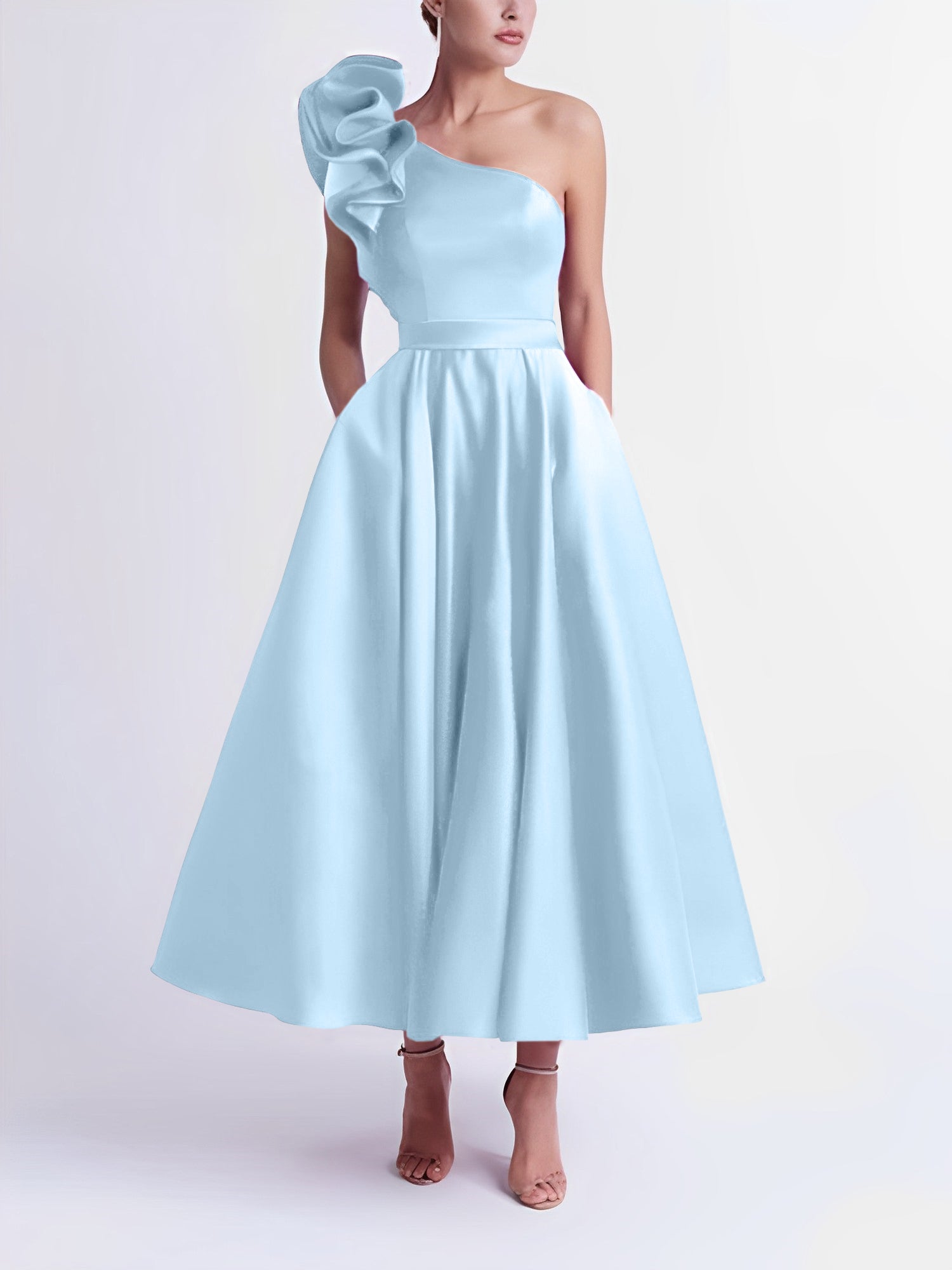 One-Shoulder A-Line Princess Prom Dress in Tea-Length