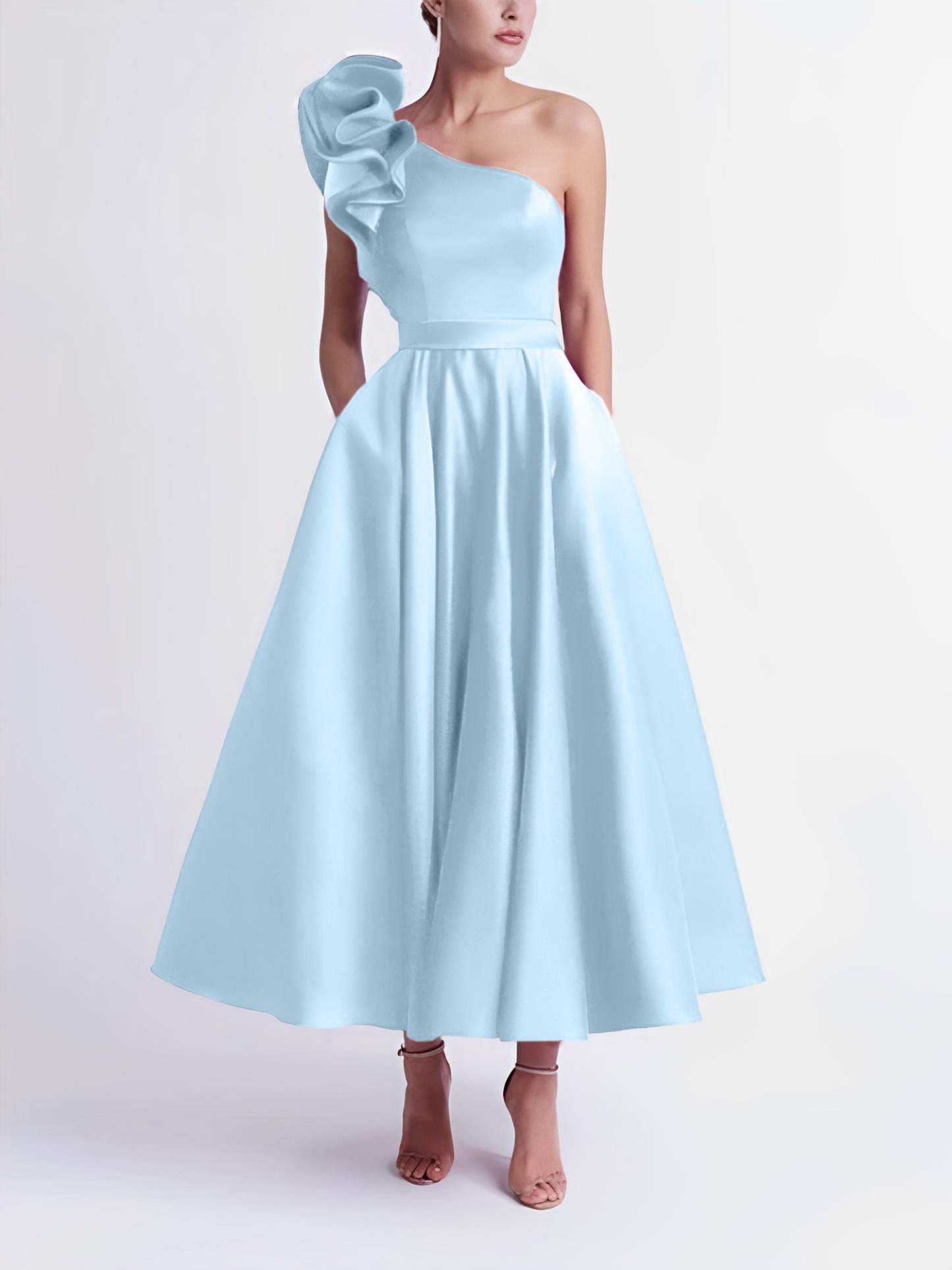 One-Shoulder A-Line Princess Prom Dress in Tea-Length