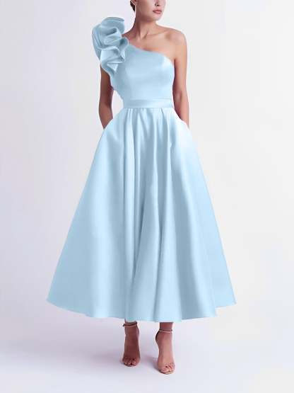 One-Shoulder A-Line Princess Prom Dress in Tea-Length