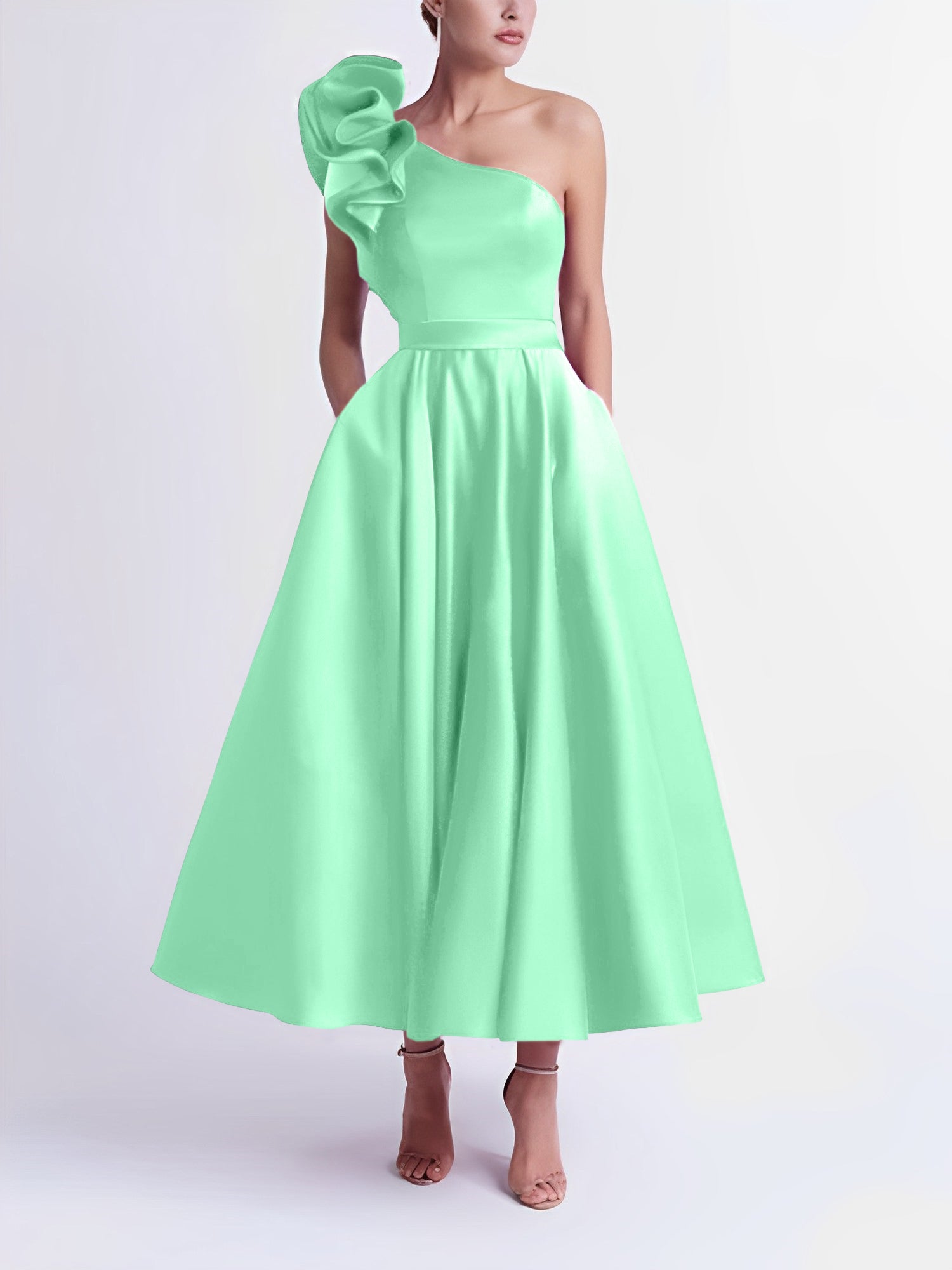 One-Shoulder A-Line Princess Prom Dress in Tea-Length