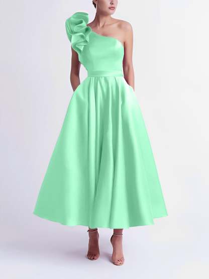 One-Shoulder A-Line Princess Prom Dress in Tea-Length
