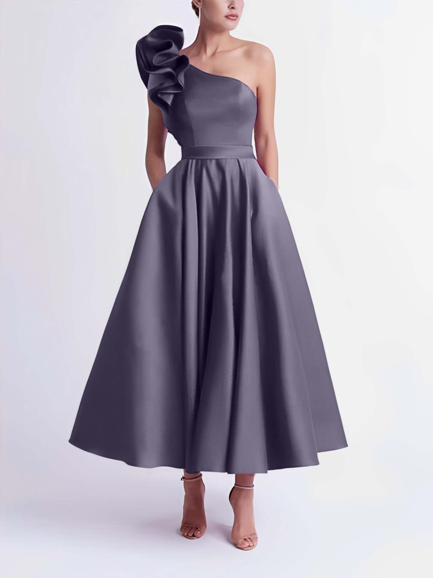 One-Shoulder A-Line Princess Prom Dress in Tea-Length