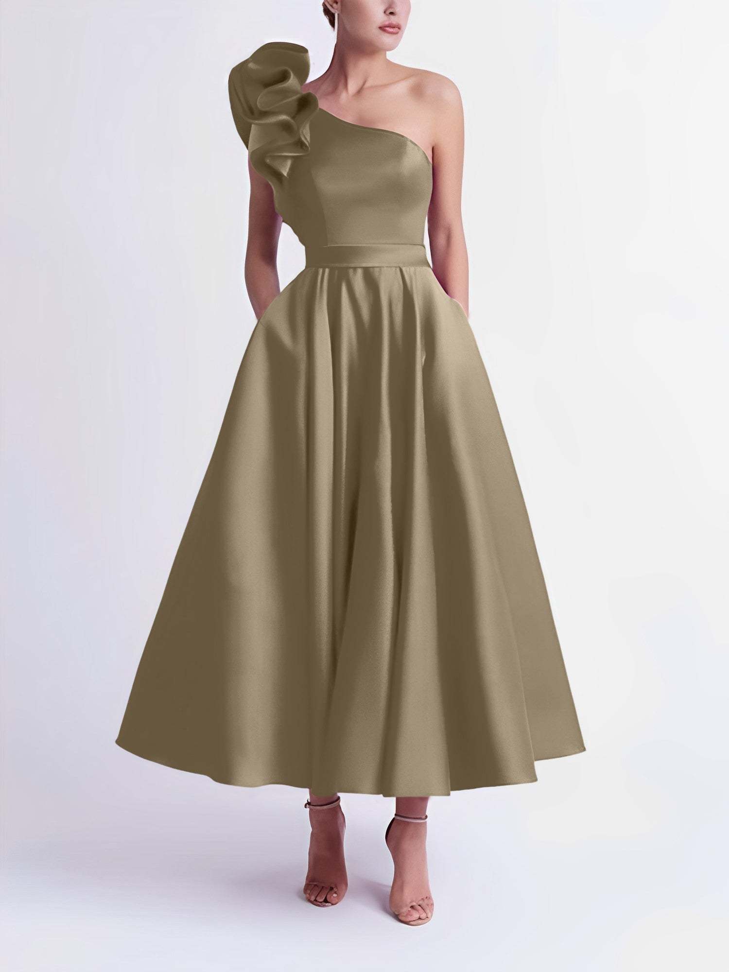 One-Shoulder A-Line Princess Prom Dress in Tea-Length