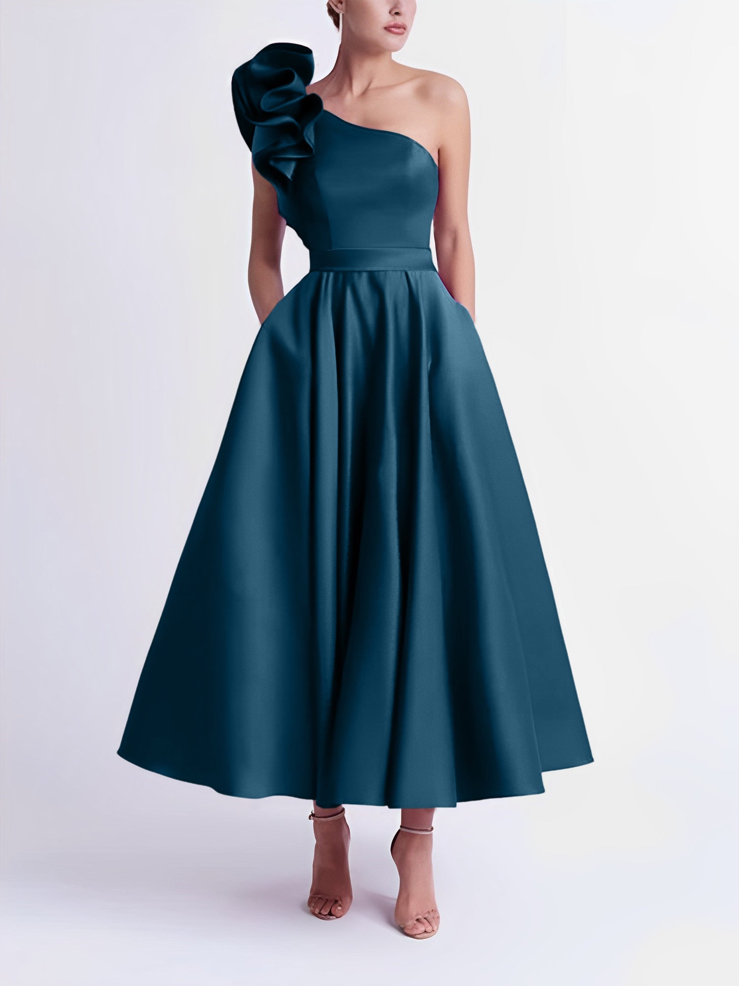One-Shoulder A-Line Princess Prom Dress in Tea-Length