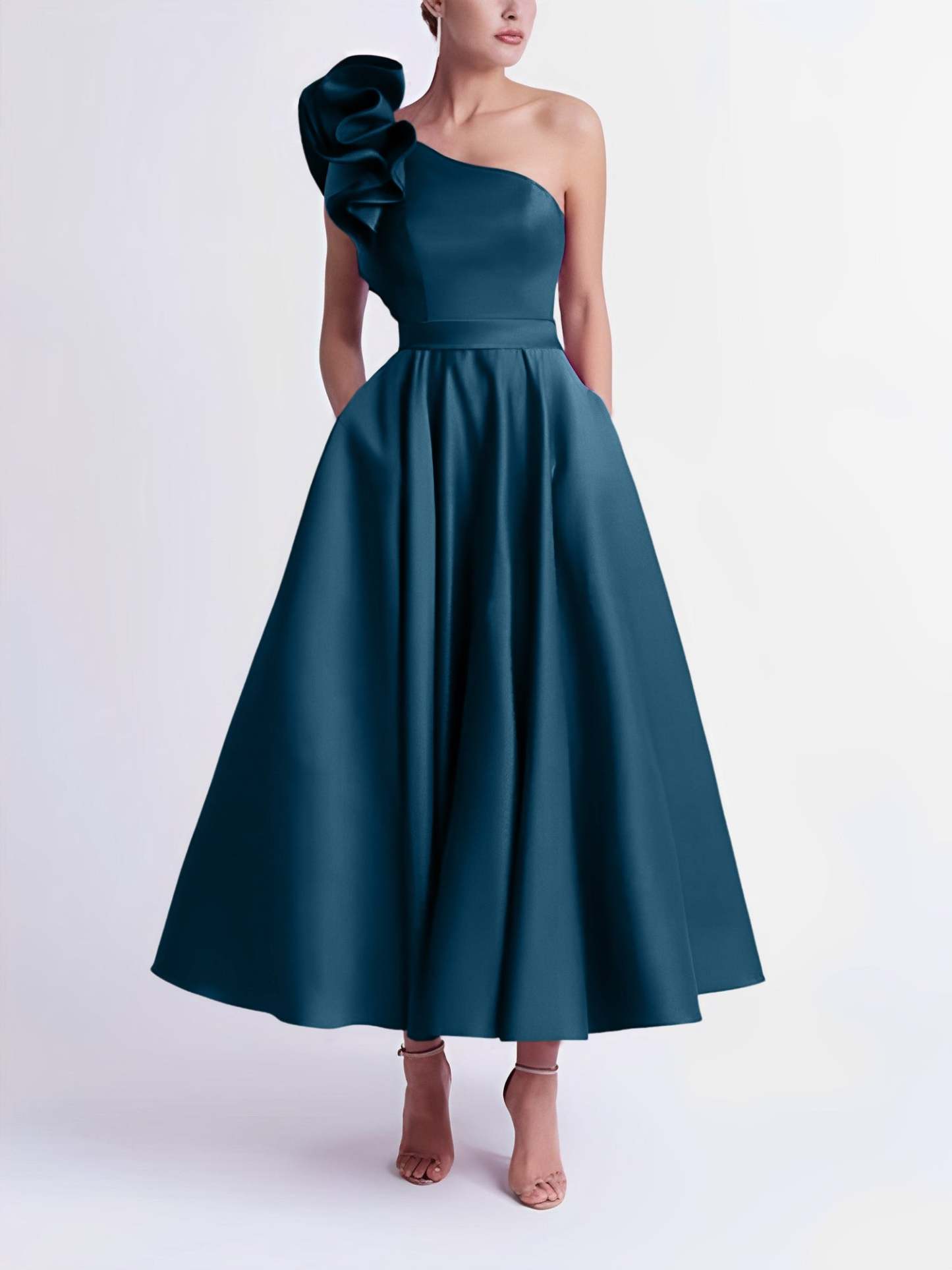 One-Shoulder A-Line Princess Prom Dress in Tea-Length