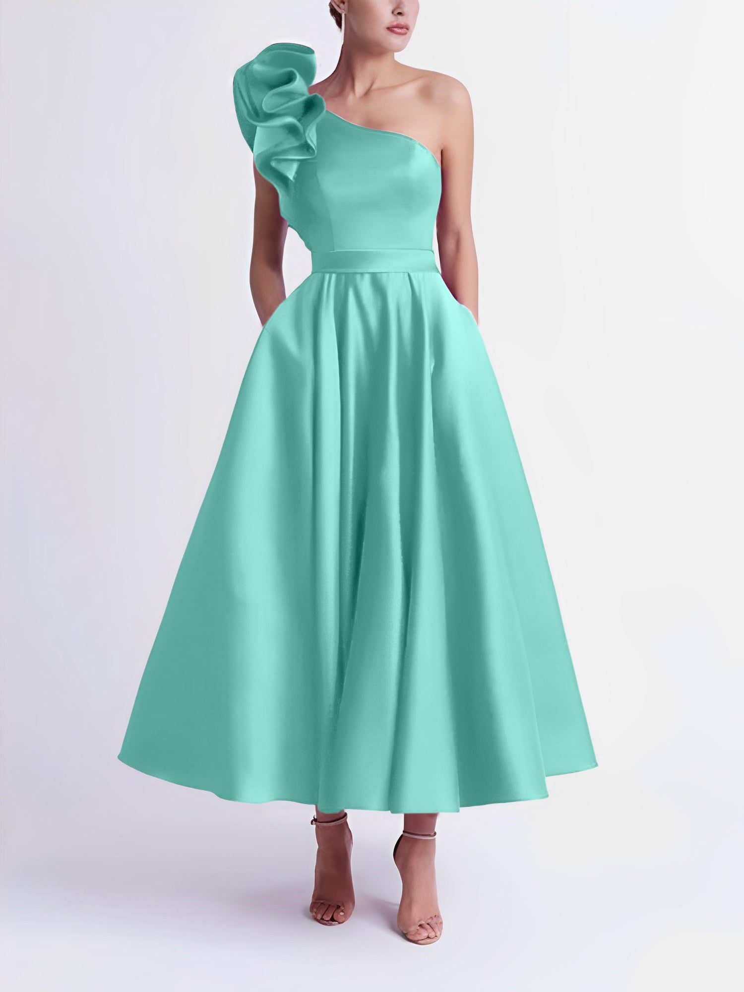 One-Shoulder A-Line Princess Prom Dress in Tea-Length
