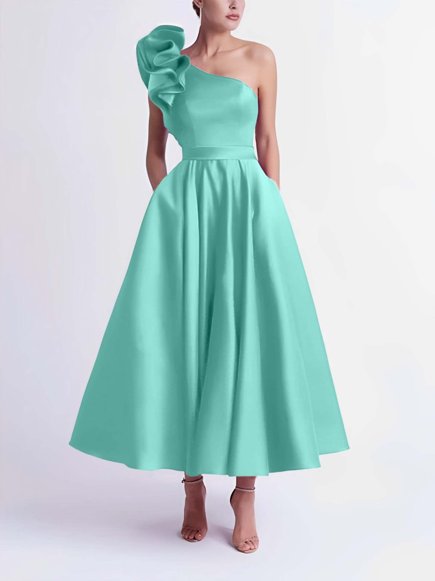 One-Shoulder A-Line Princess Prom Dress in Tea-Length
