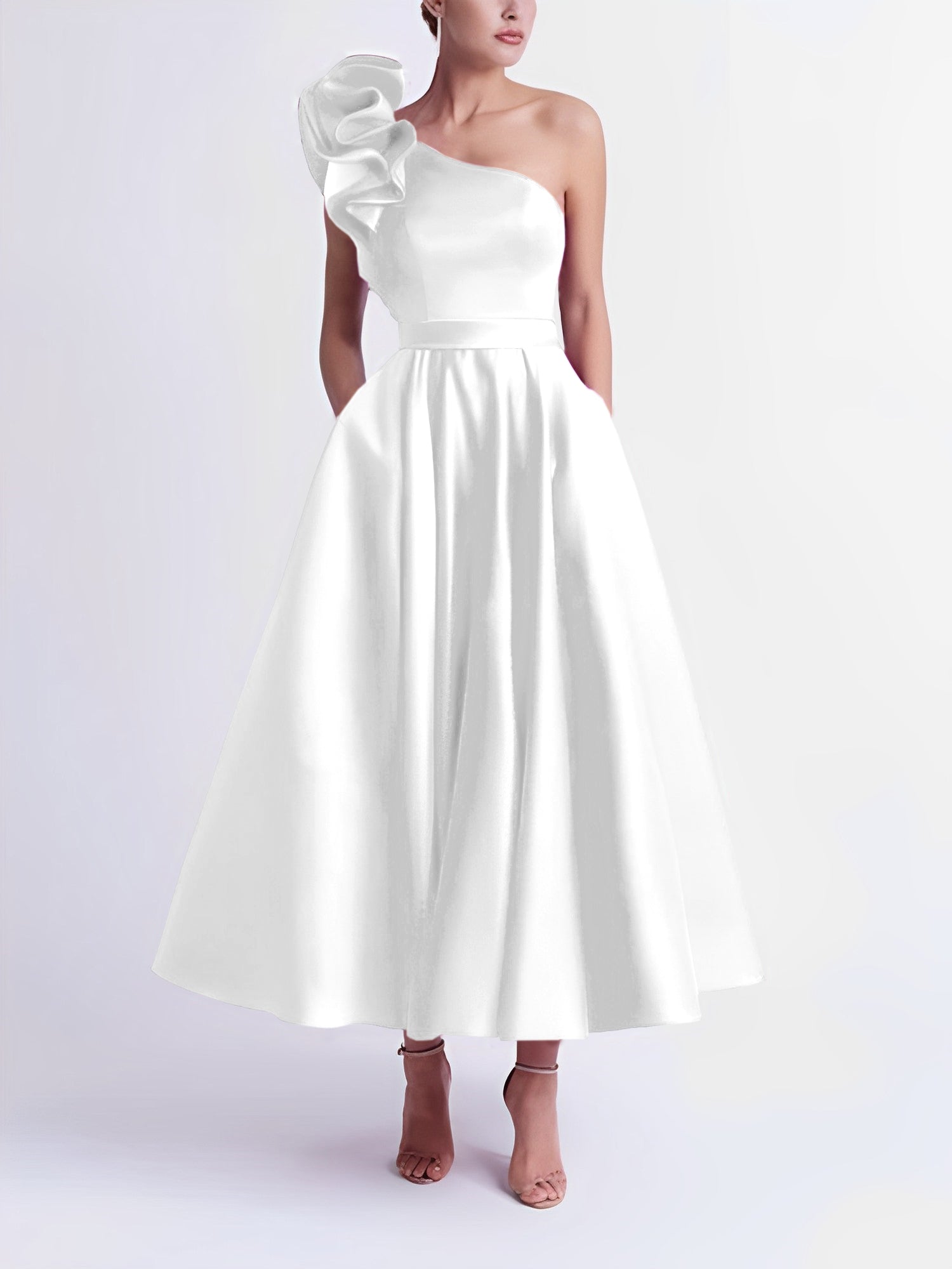 One-Shoulder A-Line Princess Prom Dress in Tea-Length