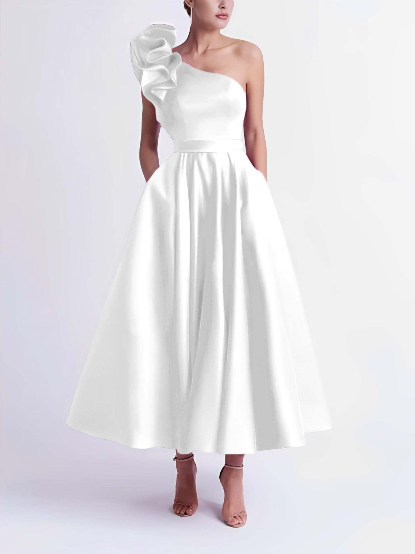 One-Shoulder A-Line Princess Prom Dress in Tea-Length