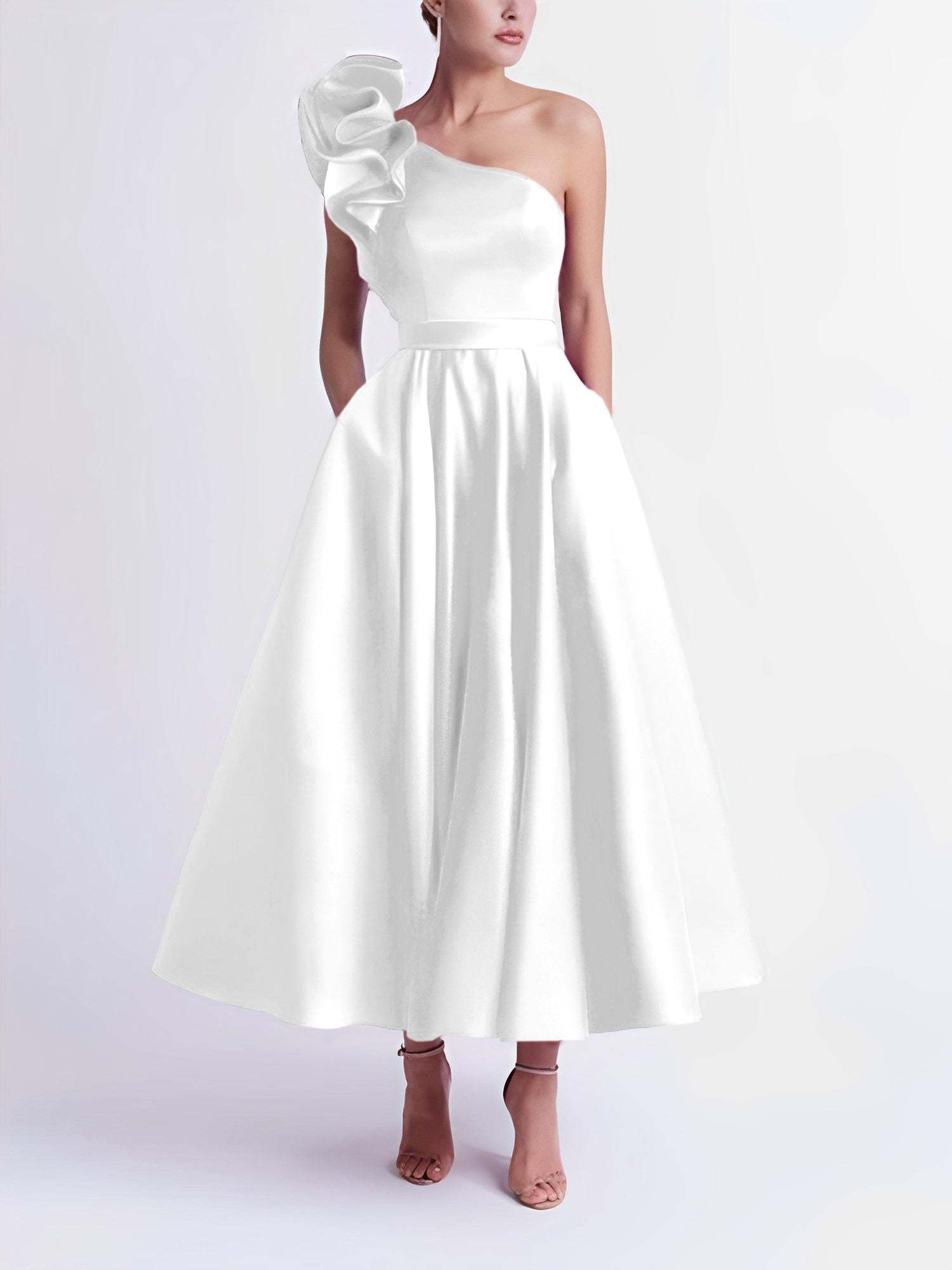 One-Shoulder A-Line Princess Prom Dress in Tea-Length