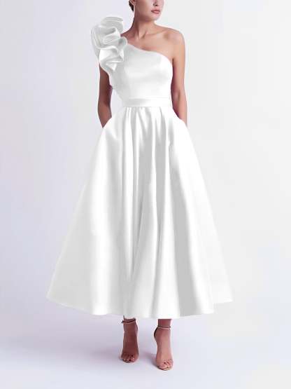 One-Shoulder A-Line Princess Prom Dress in Tea-Length