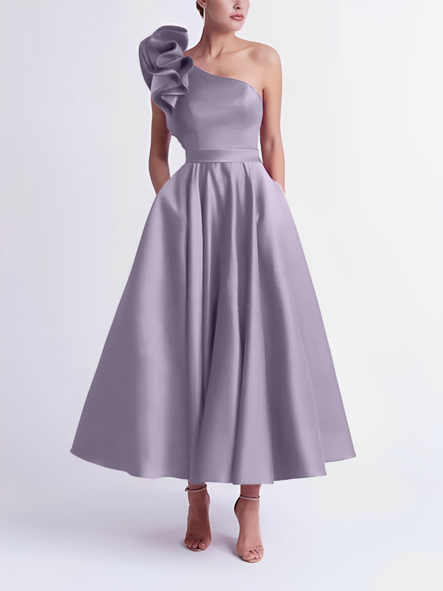 One-Shoulder A-Line Princess Prom Dress in Tea-Length
