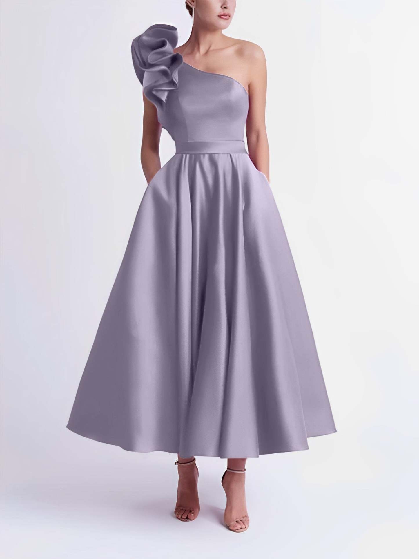 One-Shoulder A-Line Princess Prom Dress in Tea-Length