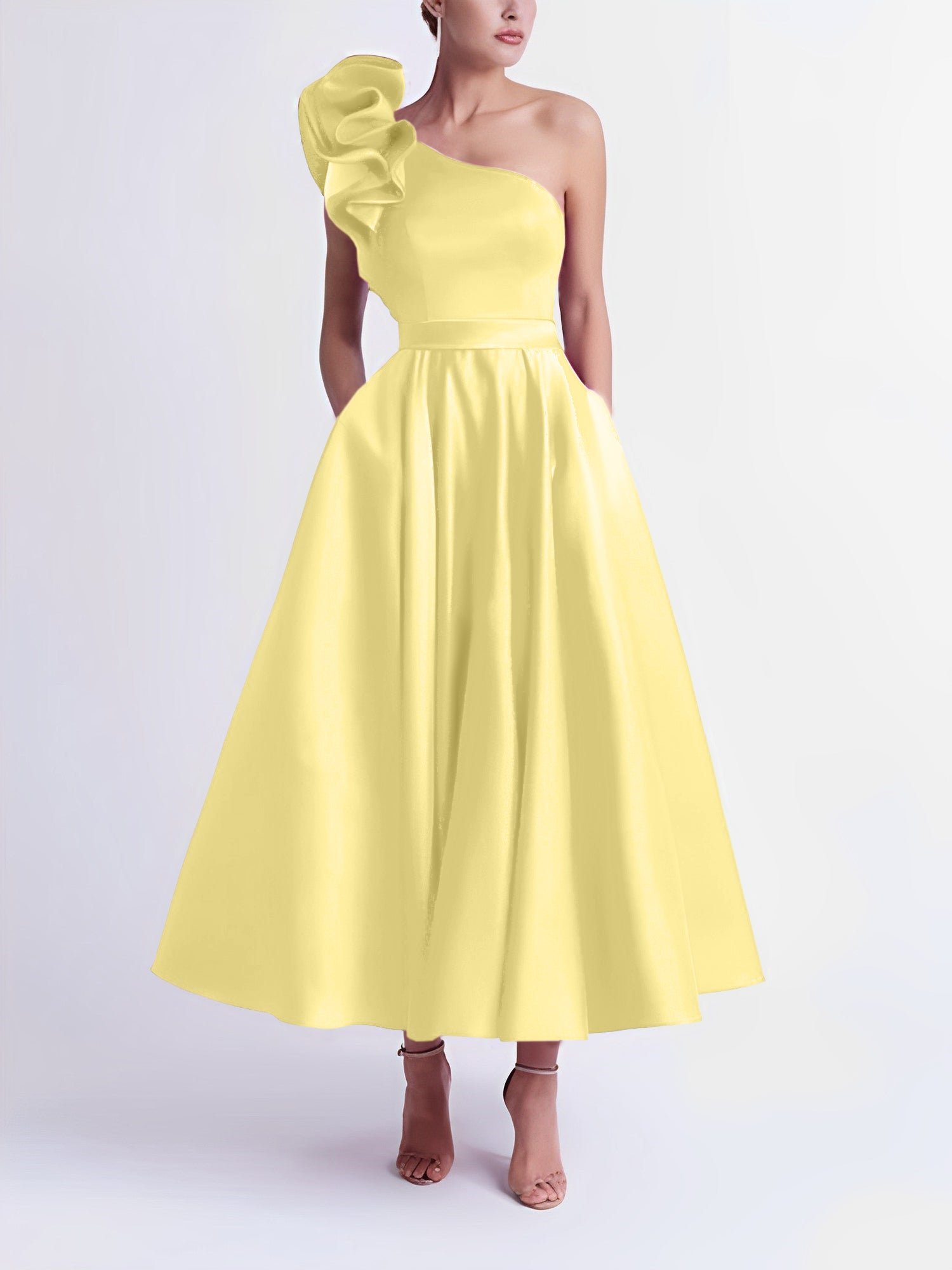 One-Shoulder A-Line Princess Prom Dress in Tea-Length