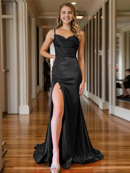 Mermaid/Trumpet Sleeveless V-Neck Floor-length Evening Gown with Spaghetti Straps and Side Split