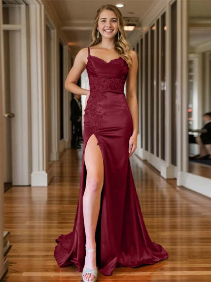 Mermaid/Trumpet Sleeveless V-Neck Floor-length Evening Gown with Spaghetti Straps and Side Split