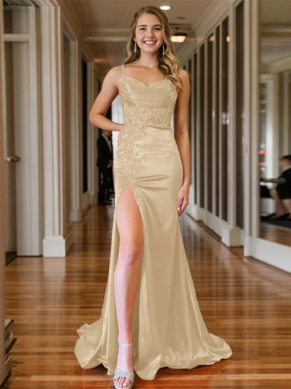 Mermaid/Trumpet Sleeveless V-Neck Floor-length Evening Gown with Spaghetti Straps and Side Split