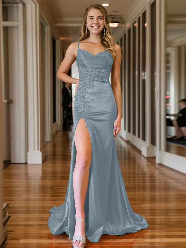 Mermaid/Trumpet Sleeveless V-Neck Floor-length Evening Gown with Spaghetti Straps and Side Split