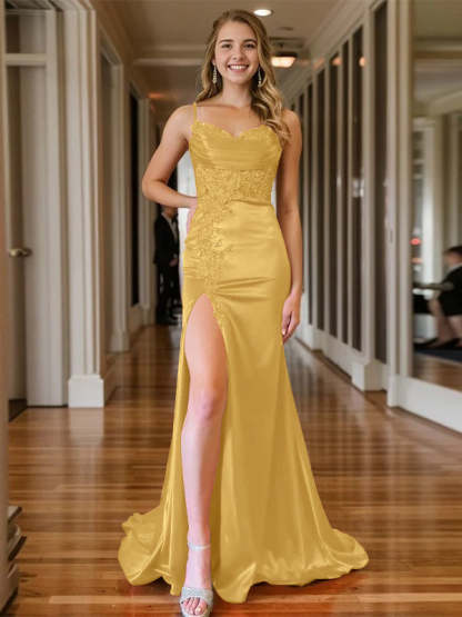 Mermaid/Trumpet Sleeveless V-Neck Floor-length Evening Gown with Spaghetti Straps and Side Split