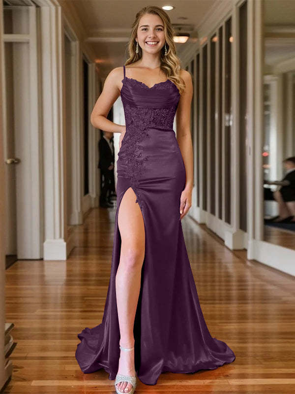 Mermaid/Trumpet Sleeveless V-Neck Floor-length Evening Gown with Spaghetti Straps and Side Split