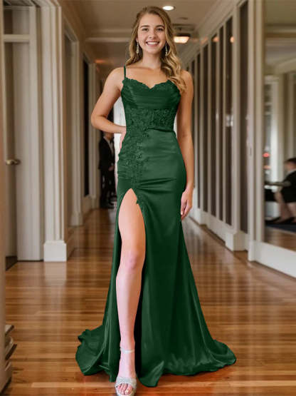 Mermaid/Trumpet Sleeveless V-Neck Floor-length Evening Gown with Spaghetti Straps and Side Split