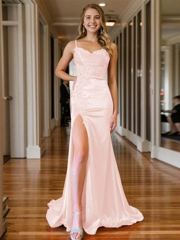 Mermaid/Trumpet Sleeveless V-Neck Floor-length Evening Gown with Spaghetti Straps and Side Split