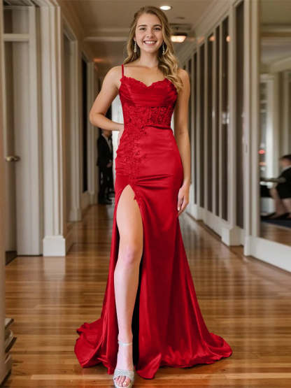 Mermaid/Trumpet Sleeveless V-Neck Floor-length Evening Gown with Spaghetti Straps and Side Split