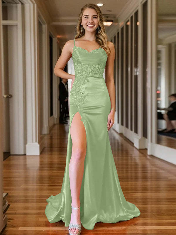Mermaid/Trumpet Sleeveless V-Neck Floor-length Evening Gown with Spaghetti Straps and Side Split