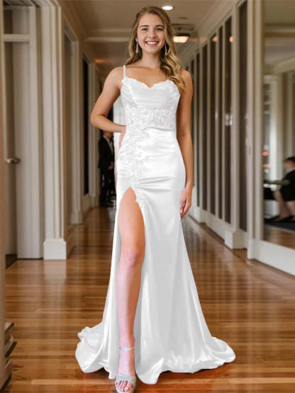 Mermaid/Trumpet Sleeveless V-Neck Floor-length Evening Gown with Spaghetti Straps and Side Split