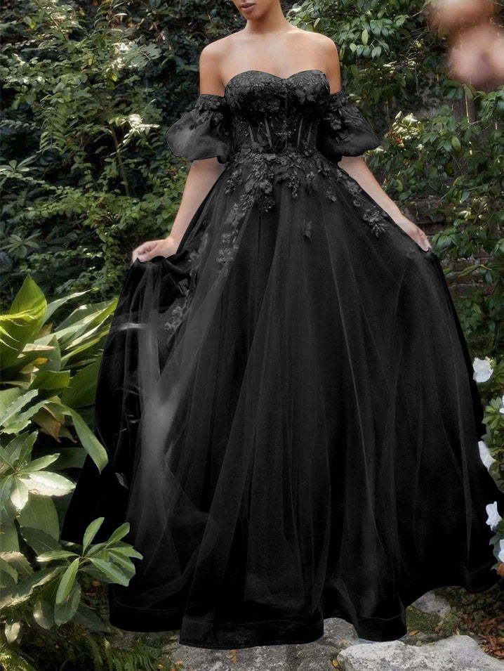 Sweetheart A-Line Princess Floor-Length Prom Dress with Floral Details and Short Sleeves