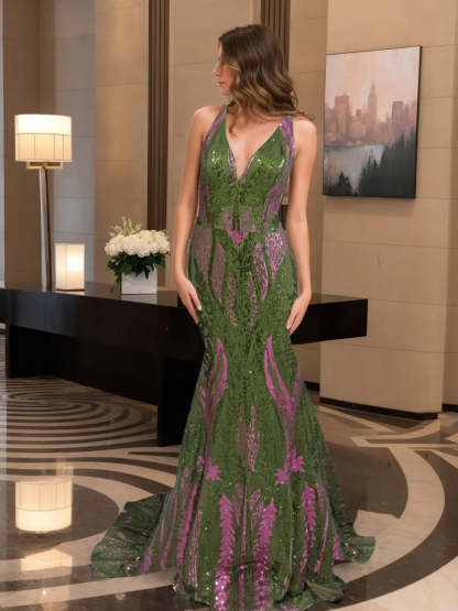 V-Neck Sleeveless Floor-length Mermaid Prom Dress with Sequins & Ruffles
