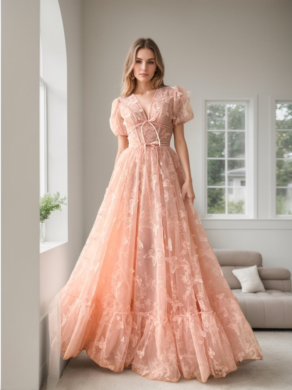 V-neck Princess A-Line Floor-length Formal Prom Dresses with Flower Short Sleeves