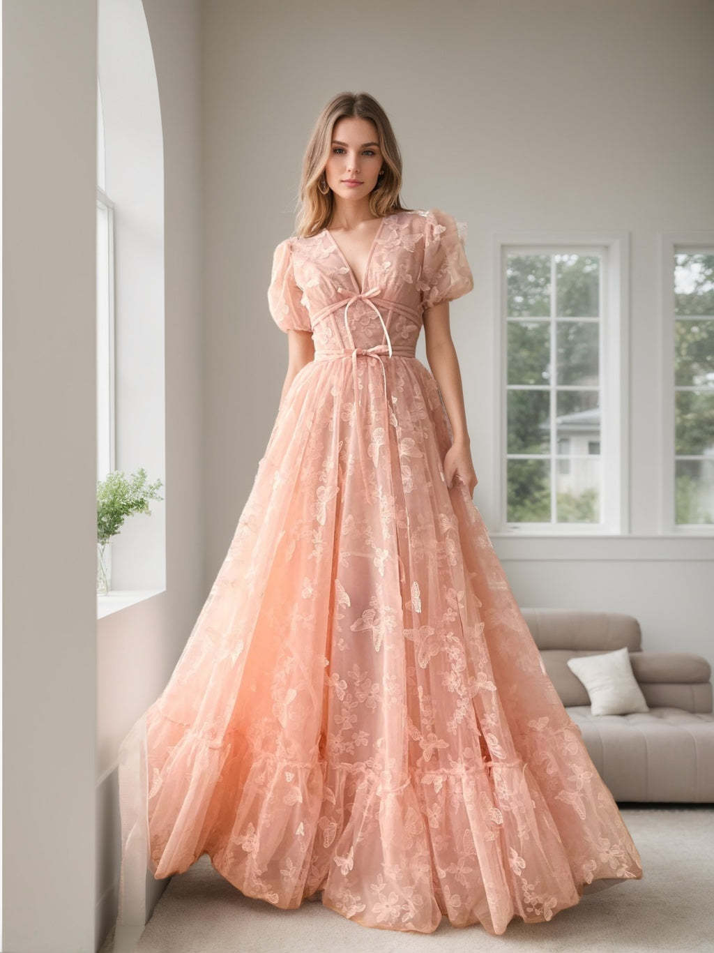 V-neck Princess A-Line Floor-length Formal Prom Dresses with Flower Short Sleeves