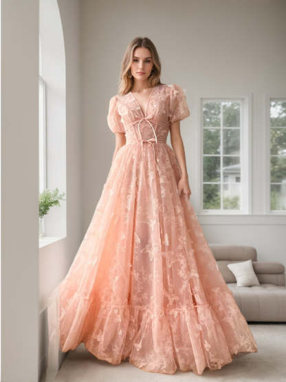 V-neck Princess A-Line Floor-length Formal Prom Dresses with Flower Short Sleeves