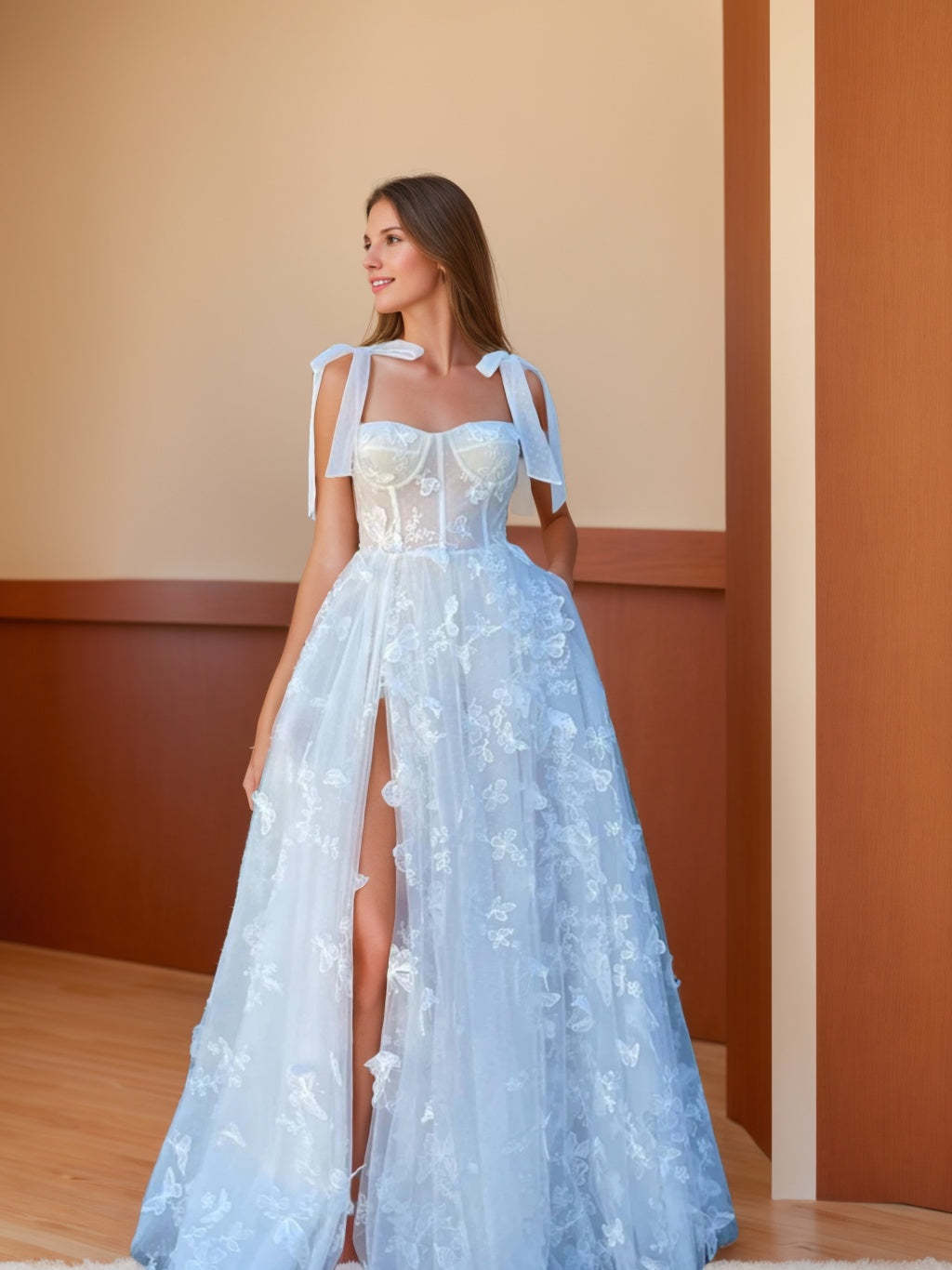 Princess A-Line Floor-Length Strapless Prom Dress with Bow Knot and Butterfly