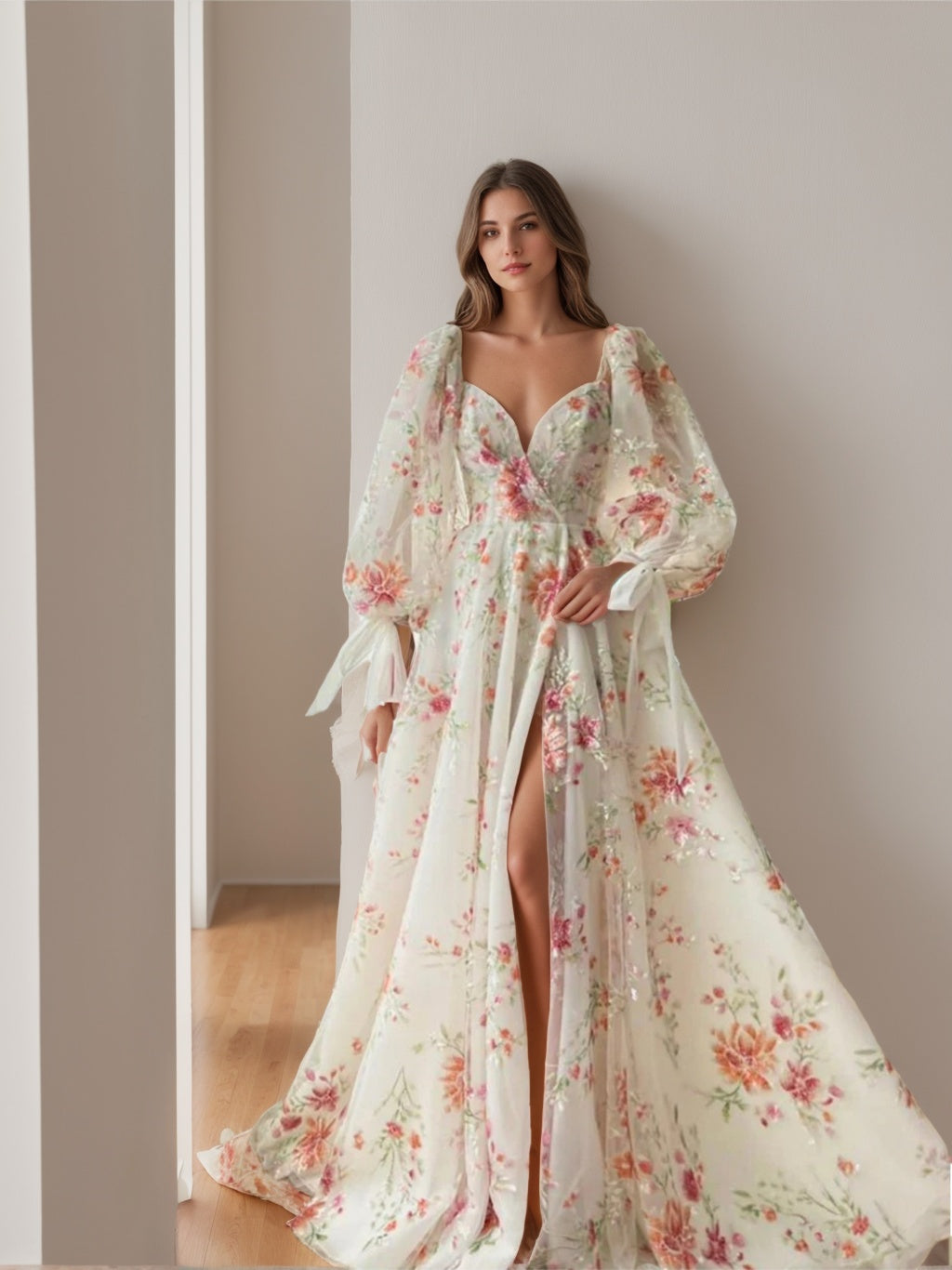 Sweetheart Princess A-Line Floor-Length Prom Dresses with Long Sleeves and Embroidery