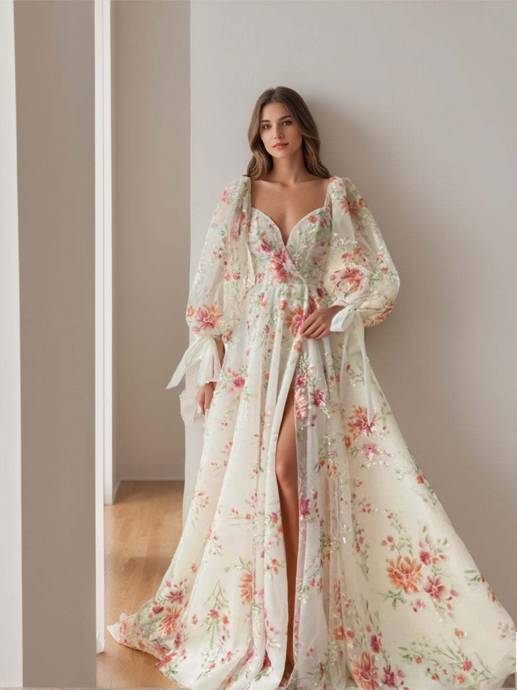 Sweetheart Princess A-Line Floor-Length Prom Dresses with Long Sleeves and Embroidery