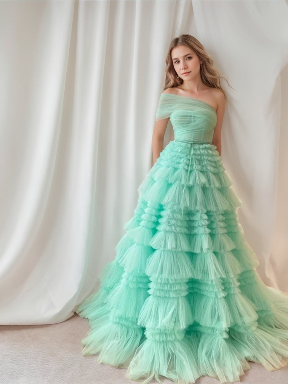 One-Shoulder Pleated Floor-Length A-Line Prom Dress