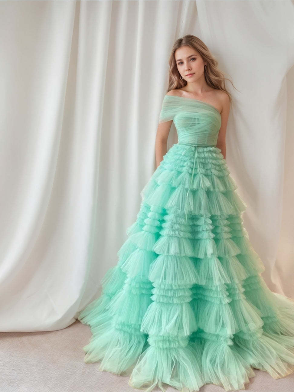 One-Shoulder Pleated Floor-Length A-Line Prom Dress