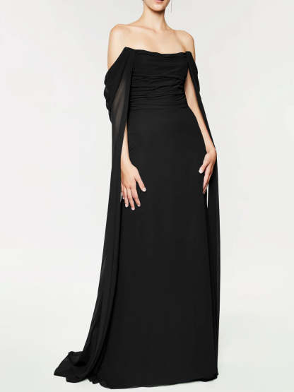 Strapless Sleeveless A-Line Princess Evening Gown with Floor-Length Watteau Train