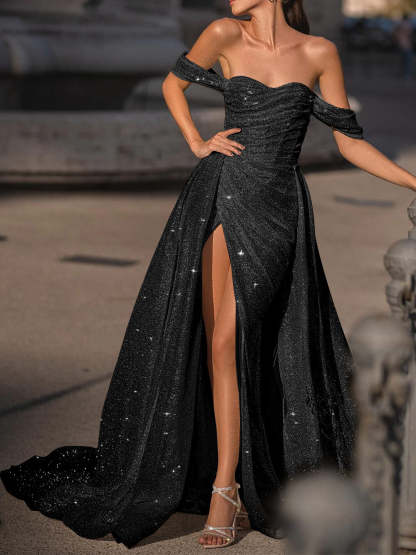 Long Prom Dresses With Mermaid/Trumpet Silhouette Off-the-Shoulder Neckline and Sweep Train