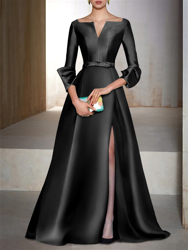 V-Neck Floor-Length Evening Dresses with Long Sleeves in A-Line/Princess Style