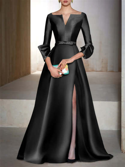 V-Neck Floor-Length Evening Dresses with Long Sleeves in A-Line/Princess Style