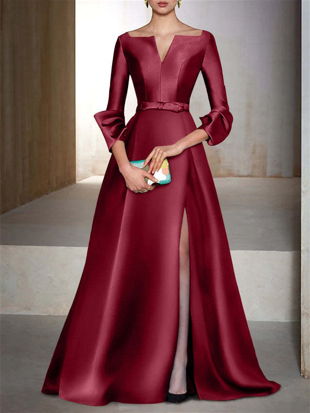 V-Neck Floor-Length Evening Dresses with Long Sleeves in A-Line/Princess Style
