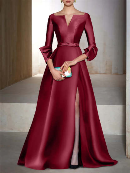 V-Neck Floor-Length Evening Dresses with Long Sleeves in A-Line/Princess Style
