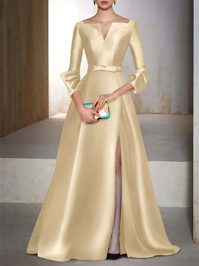 V-Neck Floor-Length Evening Dresses with Long Sleeves in A-Line/Princess Style