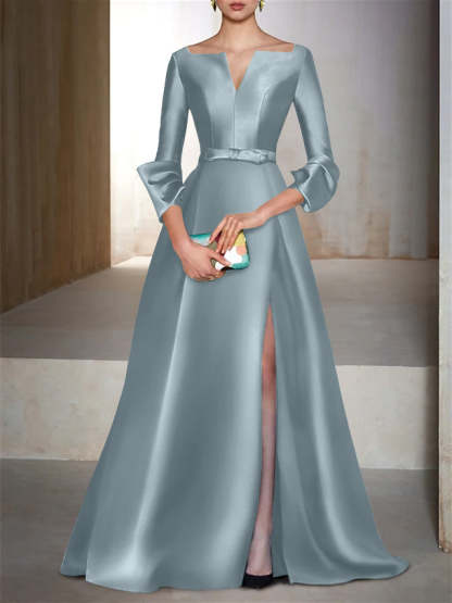 V-Neck Floor-Length Evening Dresses with Long Sleeves in A-Line/Princess Style