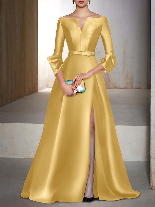 V-Neck Floor-Length Evening Dresses with Long Sleeves in A-Line/Princess Style