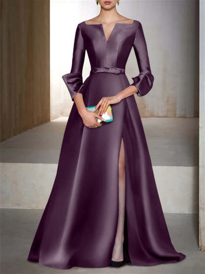 V-Neck Floor-Length Evening Dresses with Long Sleeves in A-Line/Princess Style