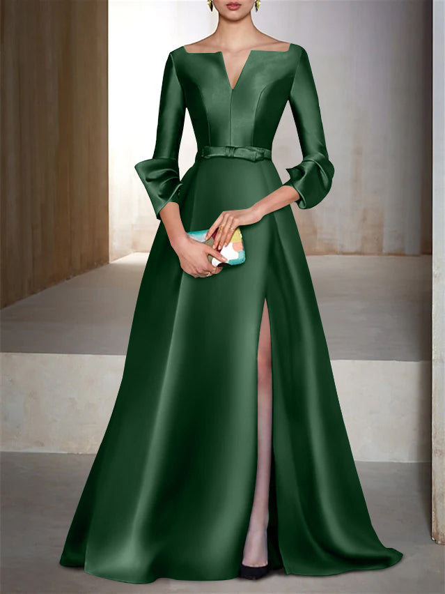 V-Neck Floor-Length Evening Dresses with Long Sleeves in A-Line/Princess Style